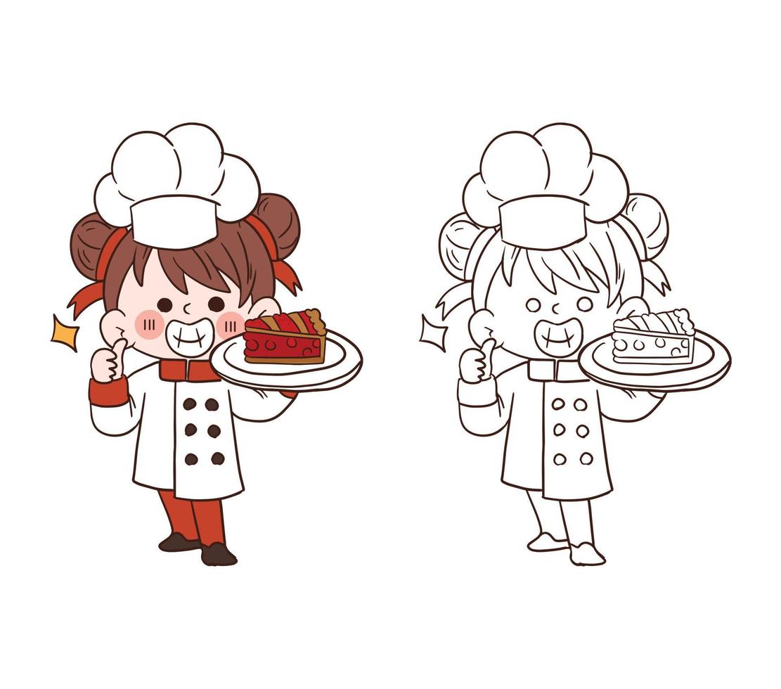 linda jovem chef sorrindo e segurando um pedaço de torta de morango. ilustração de arte vetorial dos desenhos animados vetor
