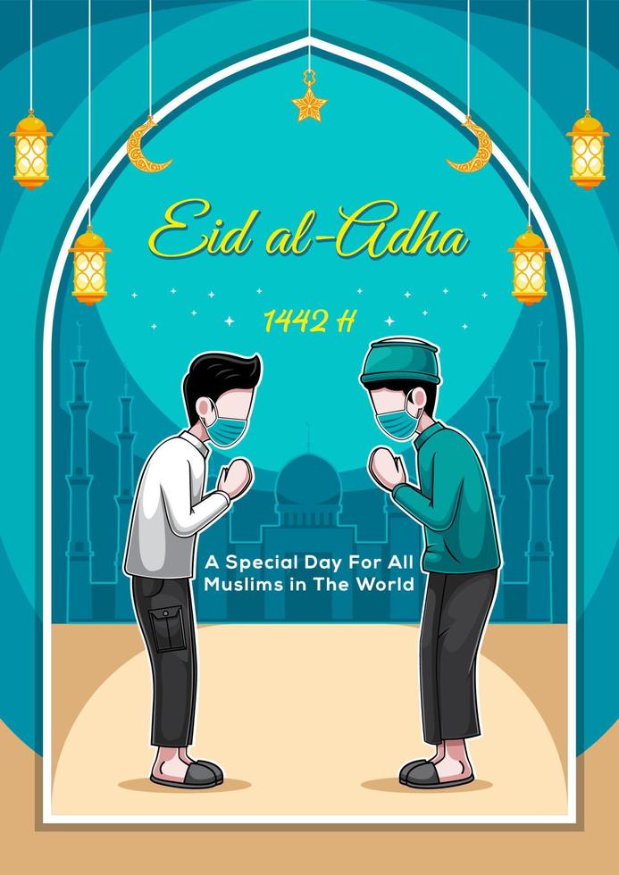 cartão feliz eid mubarak com ilustração de uma pandemia vetor