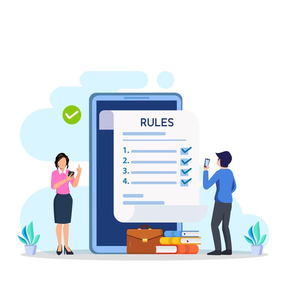 pessoas de negócios estudando lista de regras, lendo orientações, fazendo ilustração vetorial de lista de verificação. vetor