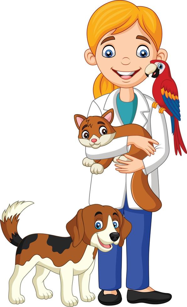 veterinário feminino dos desenhos animados examinando animais de estimação vetor