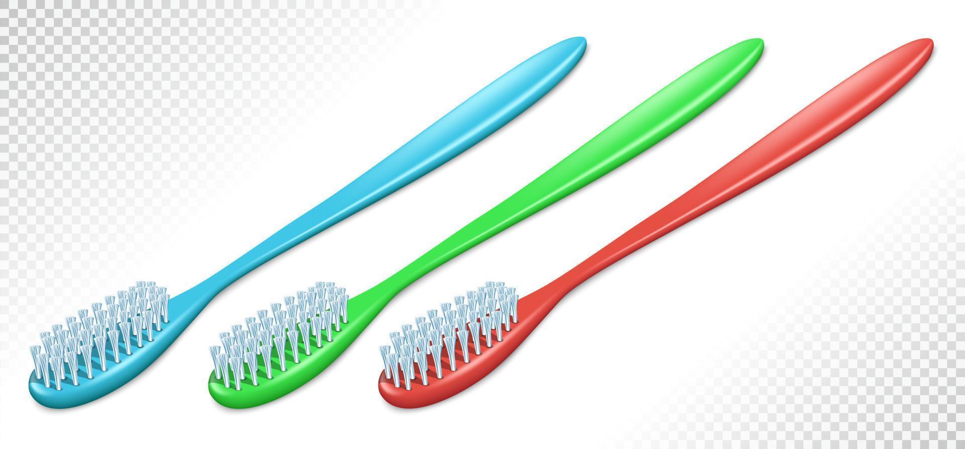 escovas de dentes de plástico de cores diferentes. ver em perspectiva. isolado em fundo transparente. ilustração vetorial. vetor