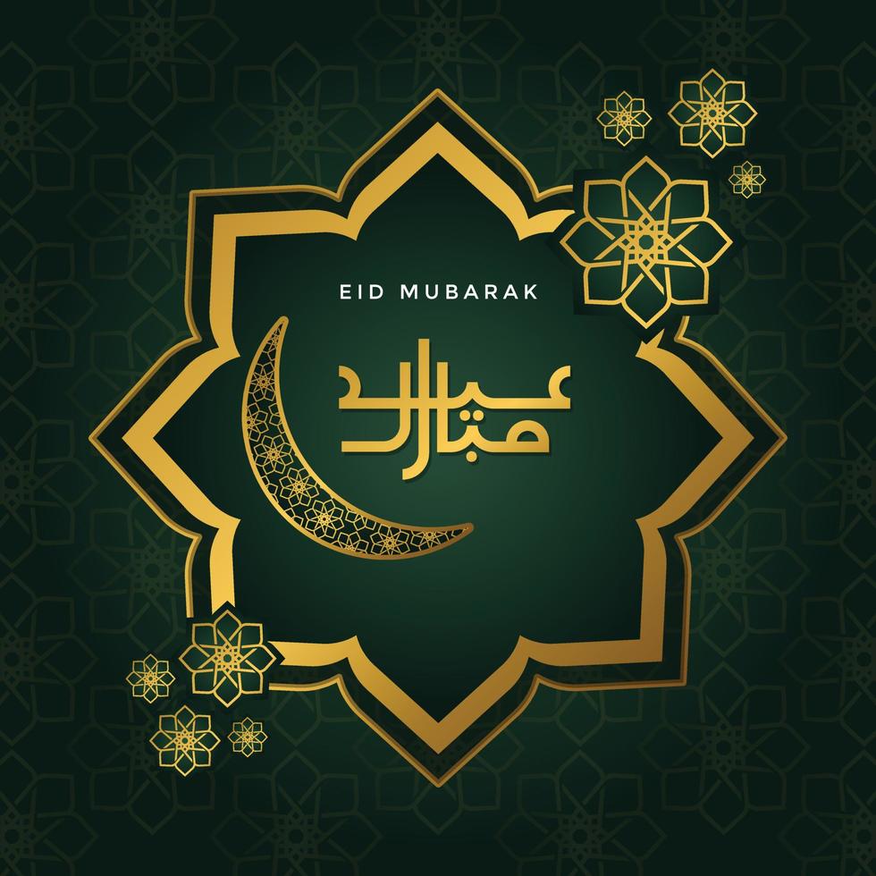 feliz feriado eid mubarak escrito em cartaz de caligrafia árabe, cartão dourado com banner de lua, panfleto, plano de fundo vetor