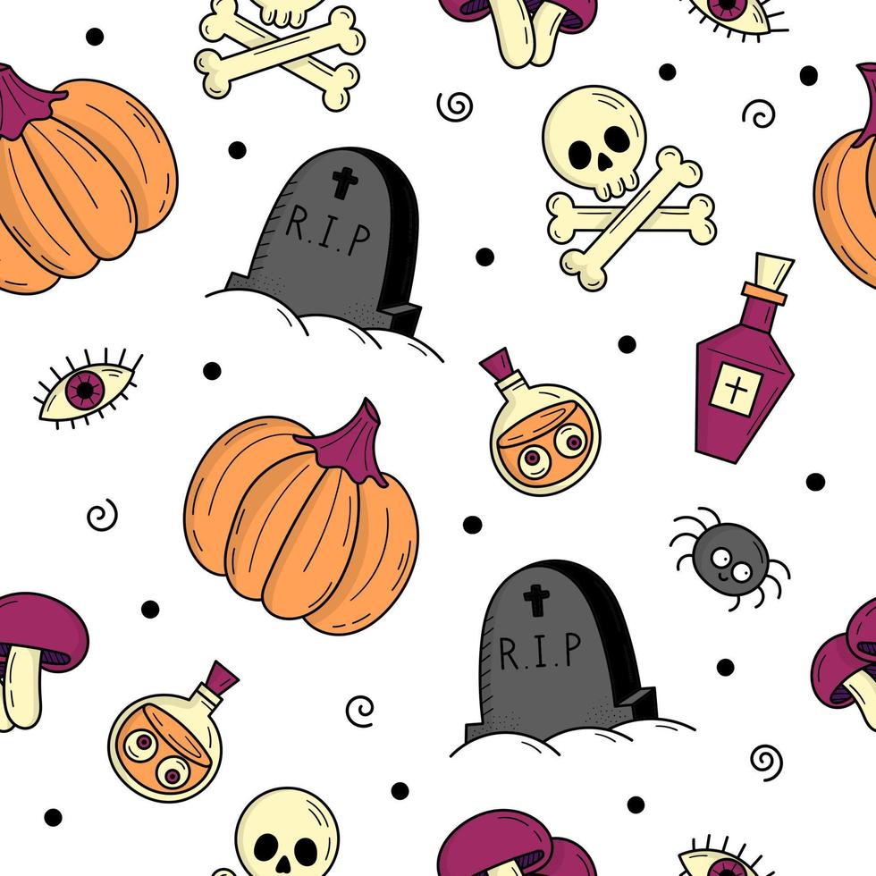 padrão sem emenda com elementos para o halloween. objetos assustadores místicos. gatos, abóboras, fantasmas, poção. ilustração de estilo doodle vetor