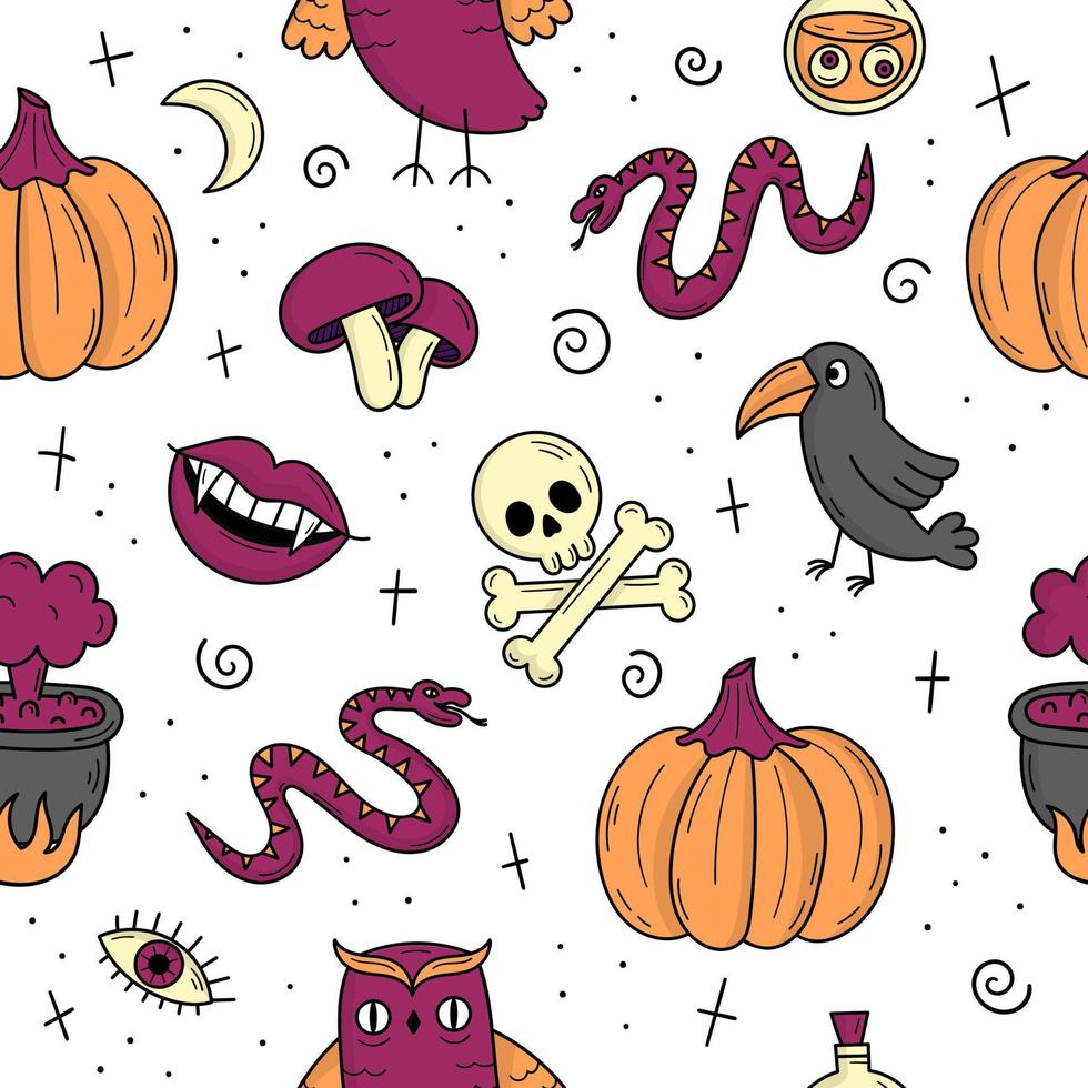 padrão sem emenda com elementos para o halloween. objetos assustadores místicos. gatos, abóboras, fantasmas, poção. ilustração de estilo doodle vetor