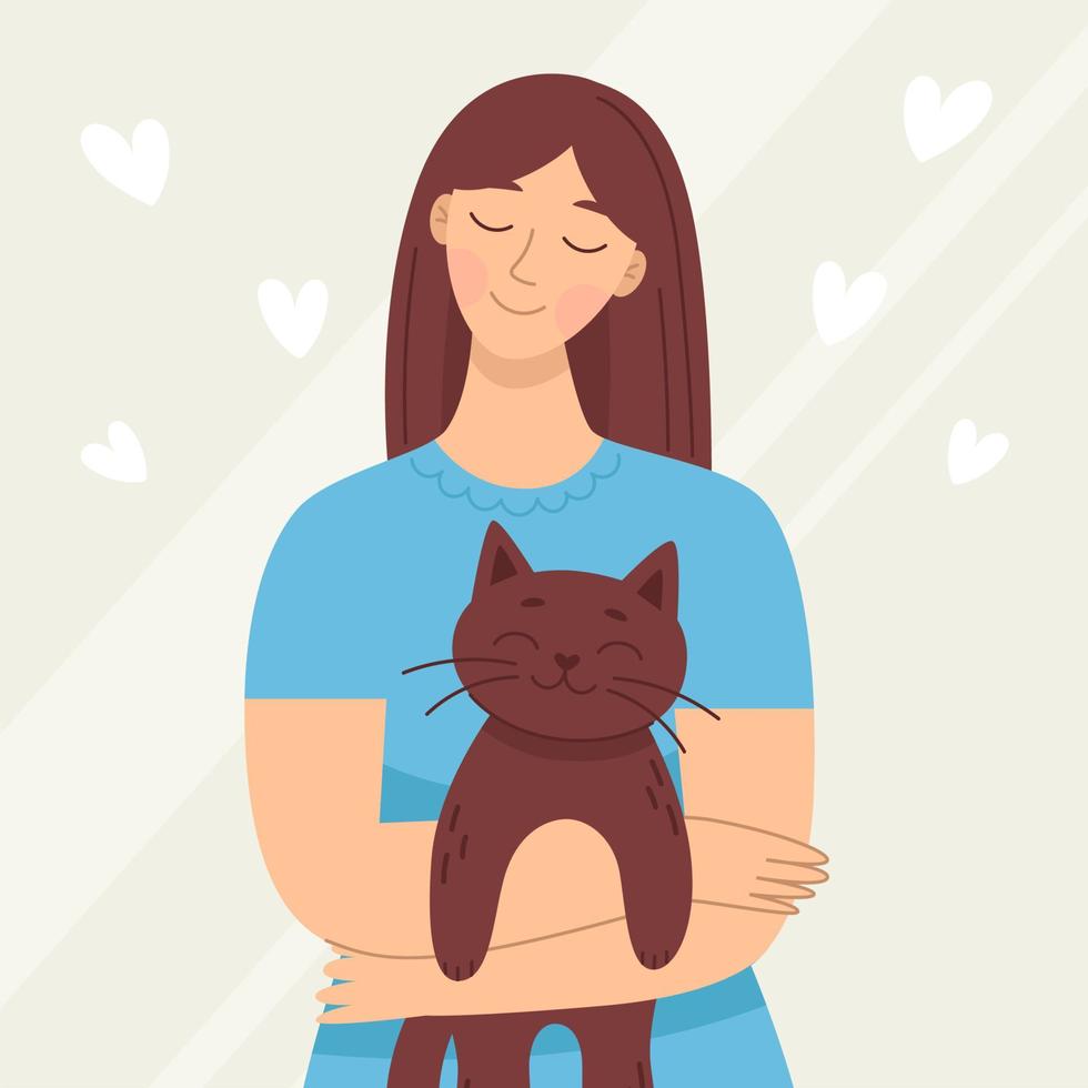 jovem sorridente com um gato, animal de estimação. amor e amizade com os animais. clínica veterinária. ilustração vetorial em estilo cartoon vetor