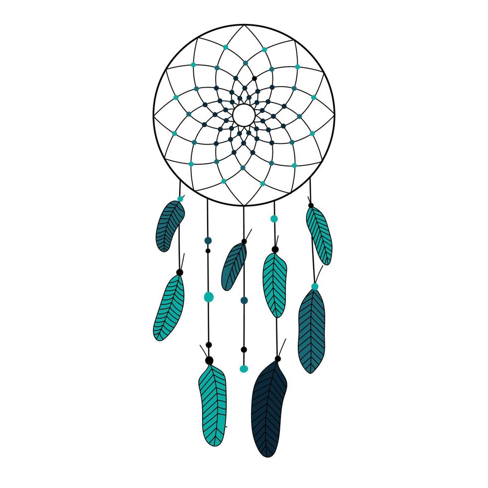 apanhador de sonhos com penas de pássaros com miçangas. amuleto de índio americano tradicional para insônia. decoração de casa. ilustração vetorial vetor