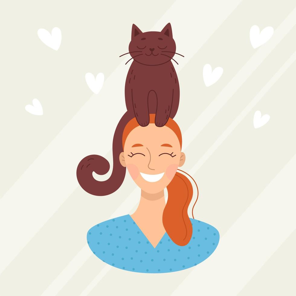 jovem sorridente com um gato na cabeça, animal de estimação. amor e amizade com os animais. clínica veterinária. ilustração vetorial em estilo cartoon vetor