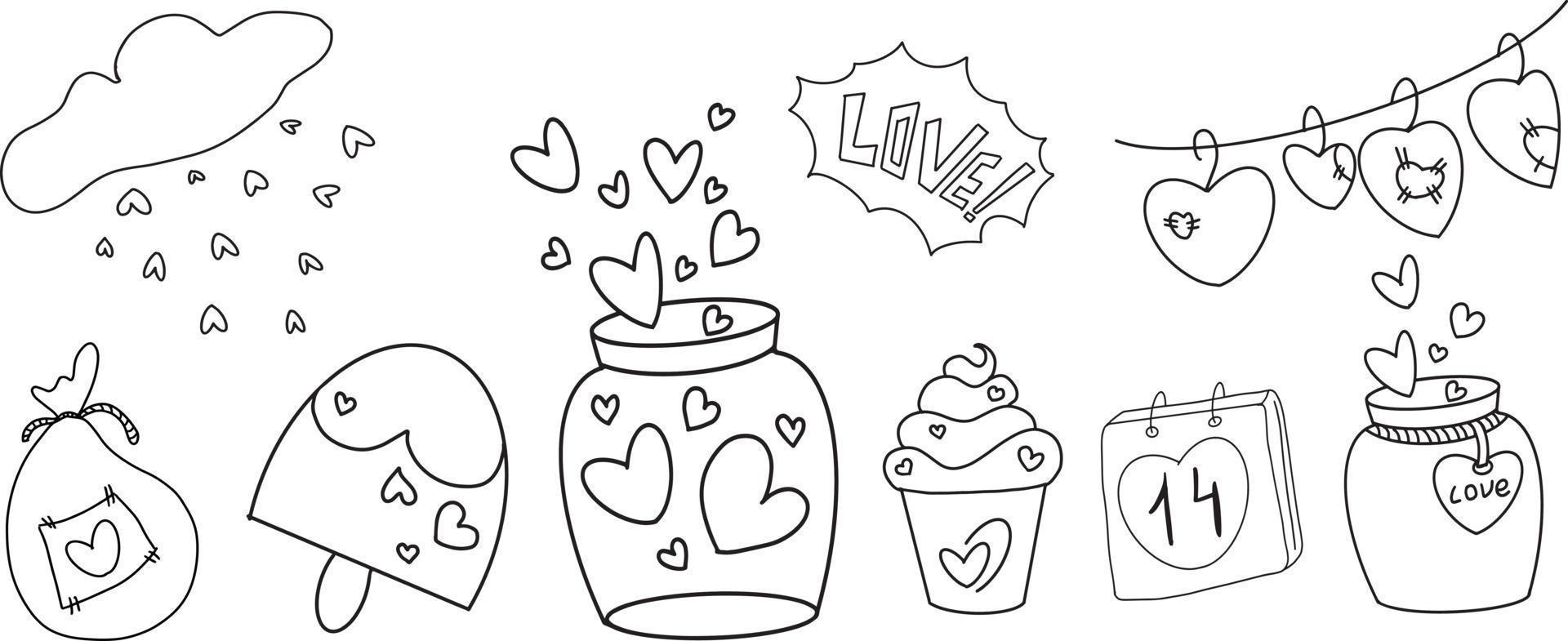 vetor doodle coração preto e branco, amor, sorvete, bolo, navio e guirlanda com corações