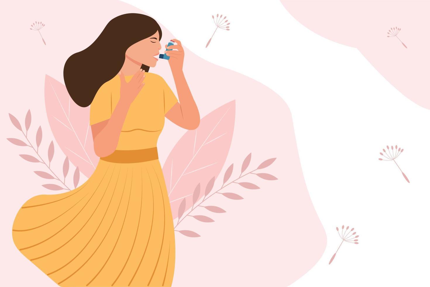 dia mundial da asma..mulher usa um inalador de asma contra ataque. alergia, asma brônquica. ilustração vetorial vetor