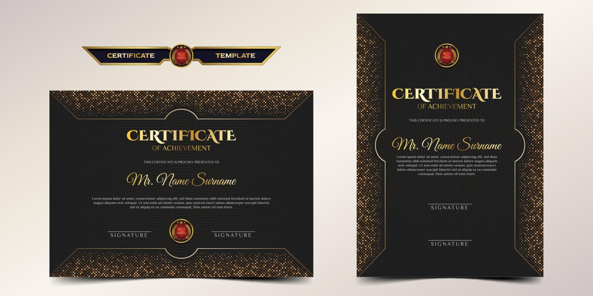 certificado preto e dourado do modelo de fronteira de conquista com distintivo de luxo e padrão dourado vetor