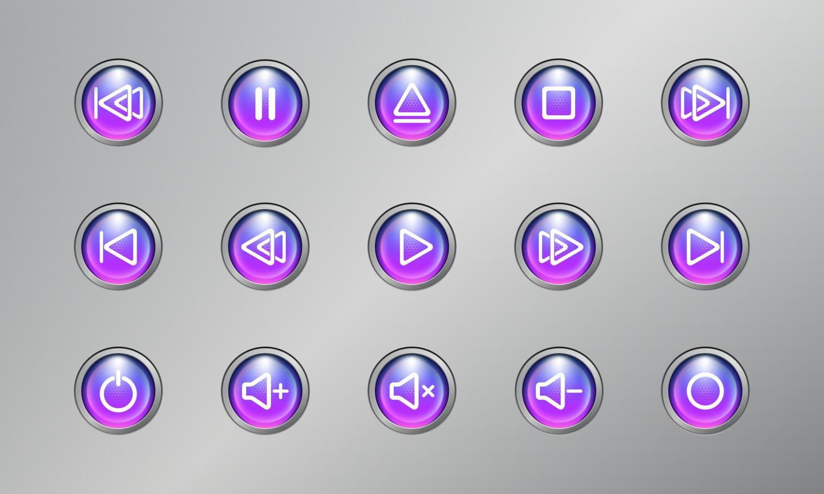 conjunto de controle de ícone de botão de media player 3d cor azul e roxa moderna realista com fundo prateado vetor