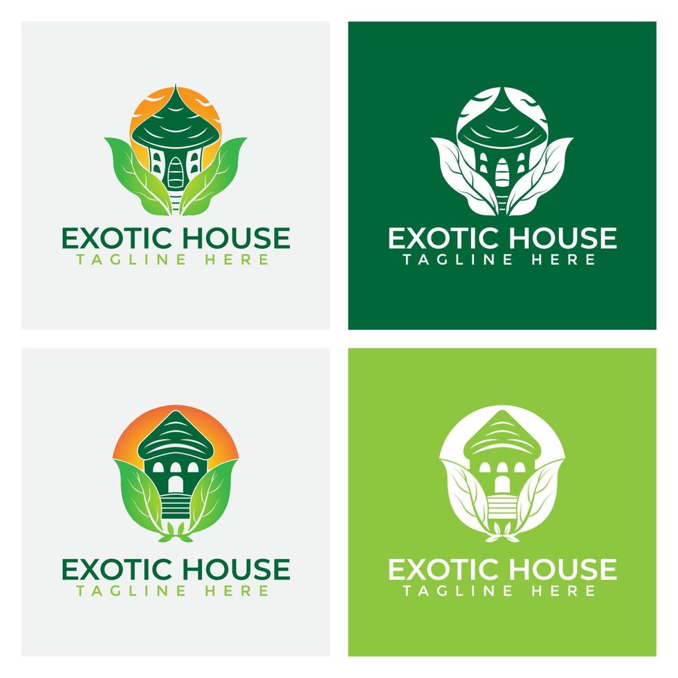 inspiração de modelo de design de logotipo de casa de natureza exótica com folhas verdes e horário de verão vetor