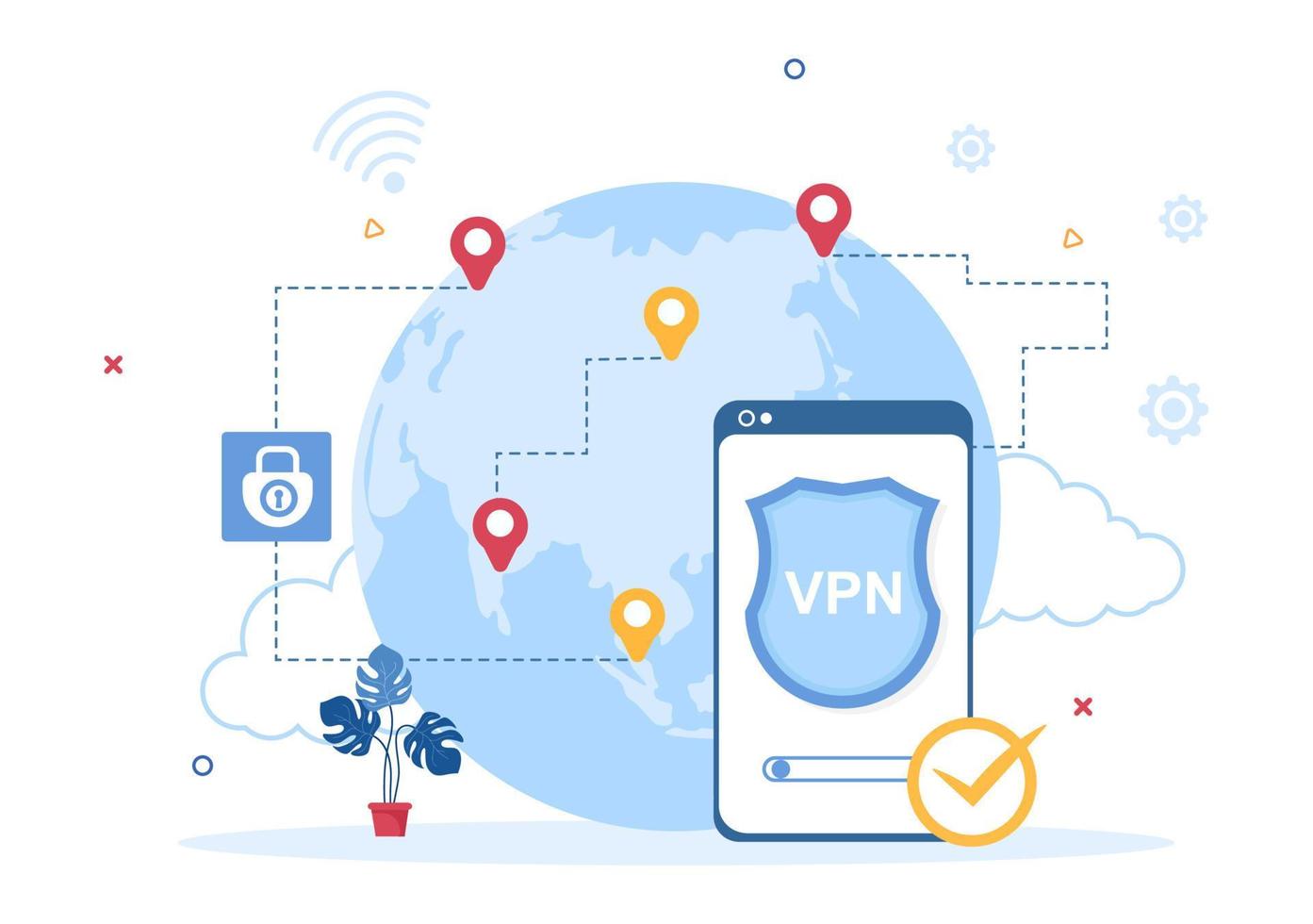 vpn ou ilustração em vetor de desenho animado de serviço de rede privada virtual para proteger, segurança cibernética e proteger seus dados pessoais em smartphone ou computador