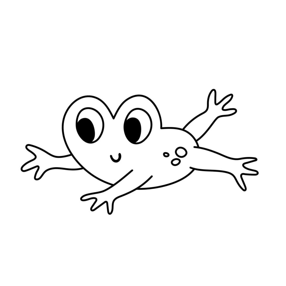 sapo pulando preto e branco de vetor. animal engraçado do pântano da floresta. ilustração de contorno de réptil de floresta bonito para crianças isoladas no fundo branco. ícone de contorno de sapo vetor