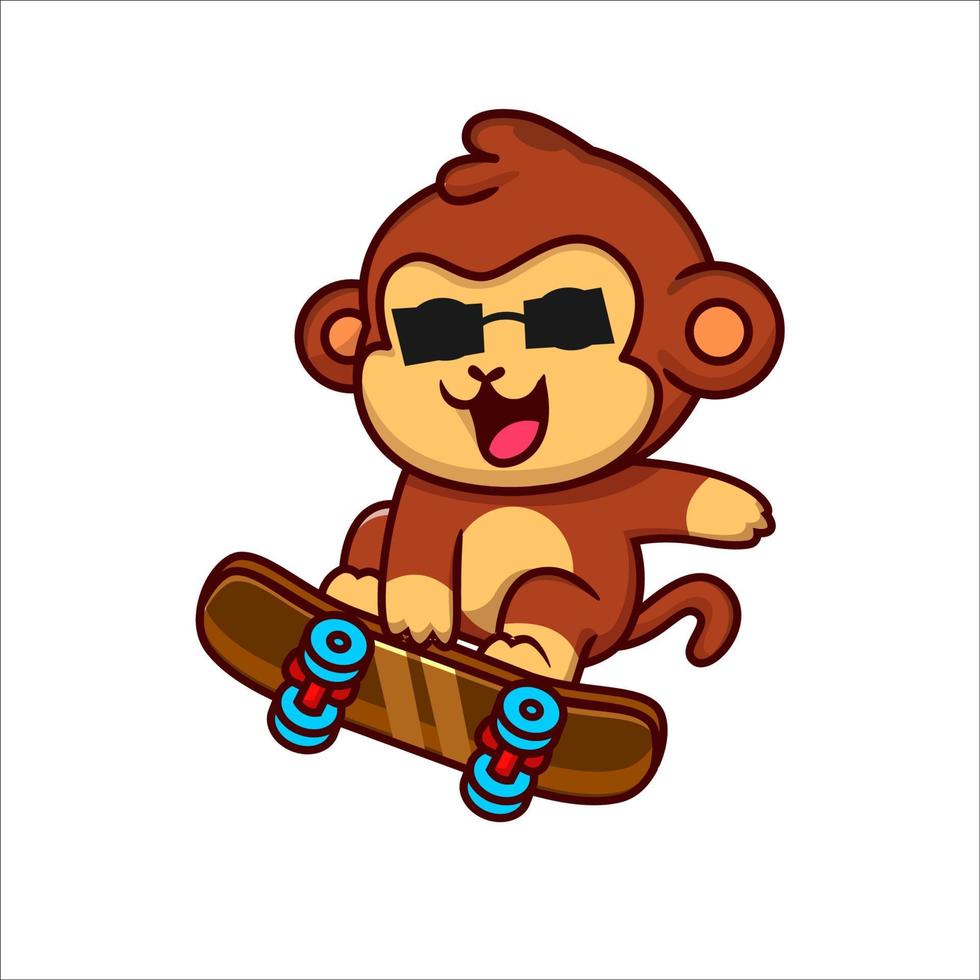 ilustração dos desenhos animados kawai de macaco fofo andando de skate com óculos de sol vetor