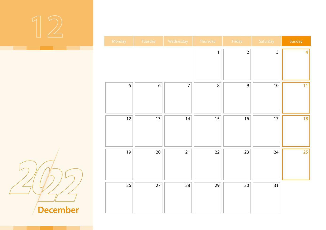 planejador horizontal para dezembro de 2022 no esquema de cores laranja. a semana começa na segunda-feira. um calendário de parede em estilo minimalista. vetor