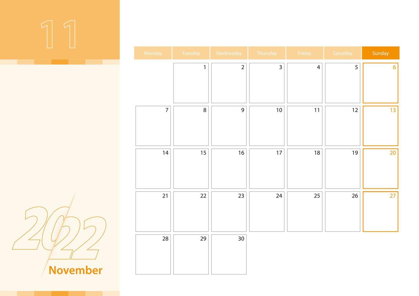 planejador horizontal para novembro de 2022 no esquema de cores laranja. a semana começa na segunda-feira. um calendário de parede em estilo minimalista. vetor