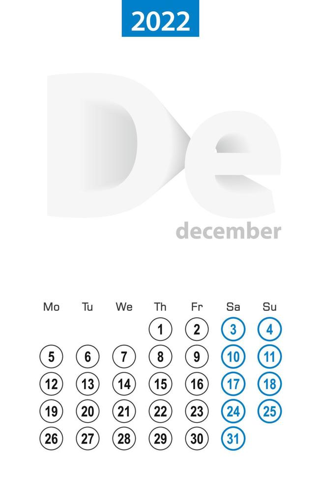 calendário para dezembro de 2022, design de círculo azul. idioma inglês, a semana começa na segunda-feira. vetor