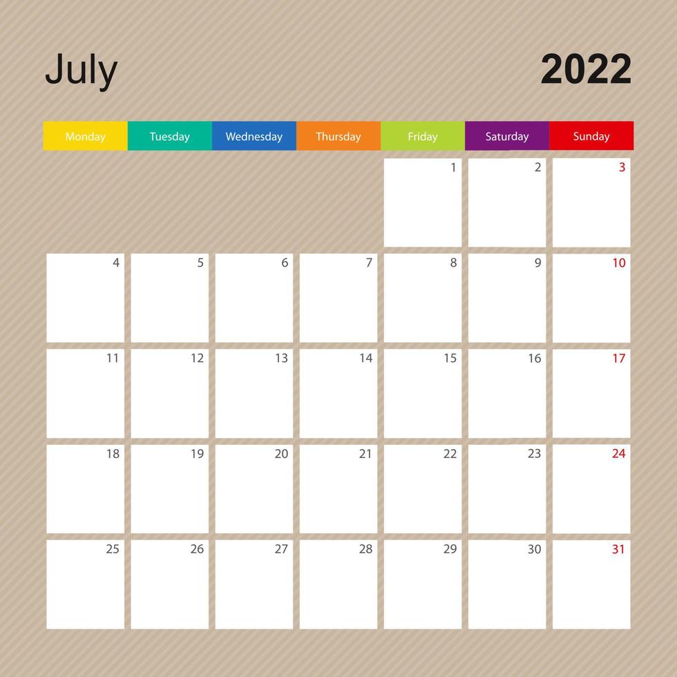 página do calendário para julho de 2022, planejador de parede com design colorido. semana começa na segunda-feira. vetor