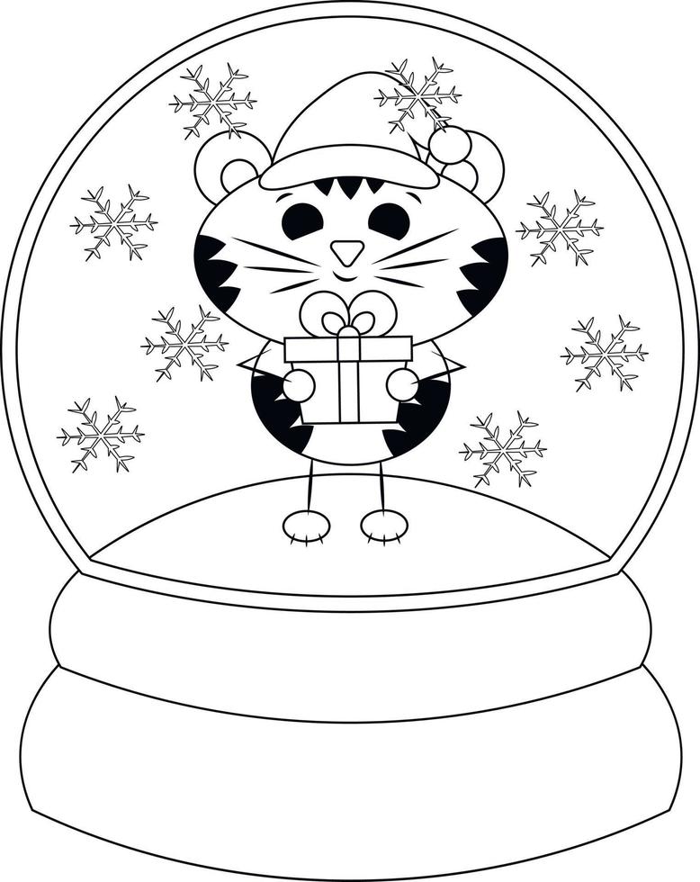 bola de neve de natal com tigre e caixa de presente. desenhar ilustração em preto e branco vetor