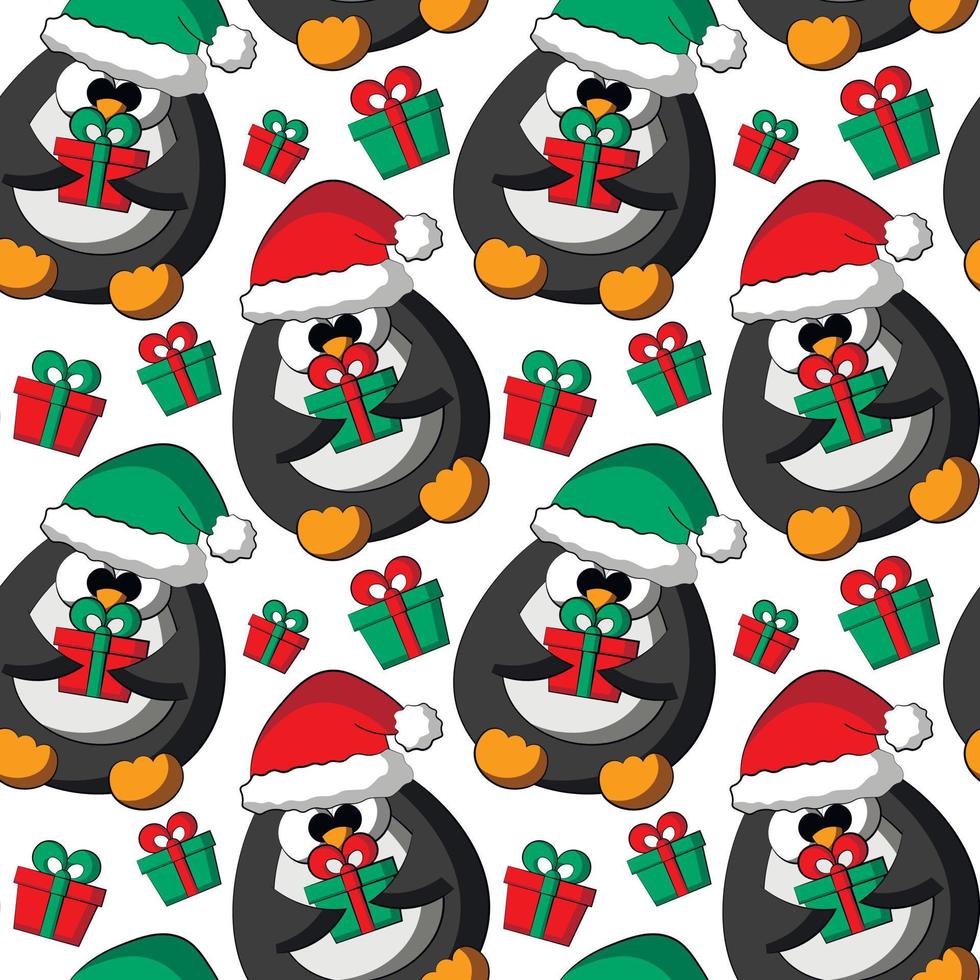 padrão vetorial sem costura com pinguim de desenho animado bonito no chapéu de natal com caixa de presente vetor