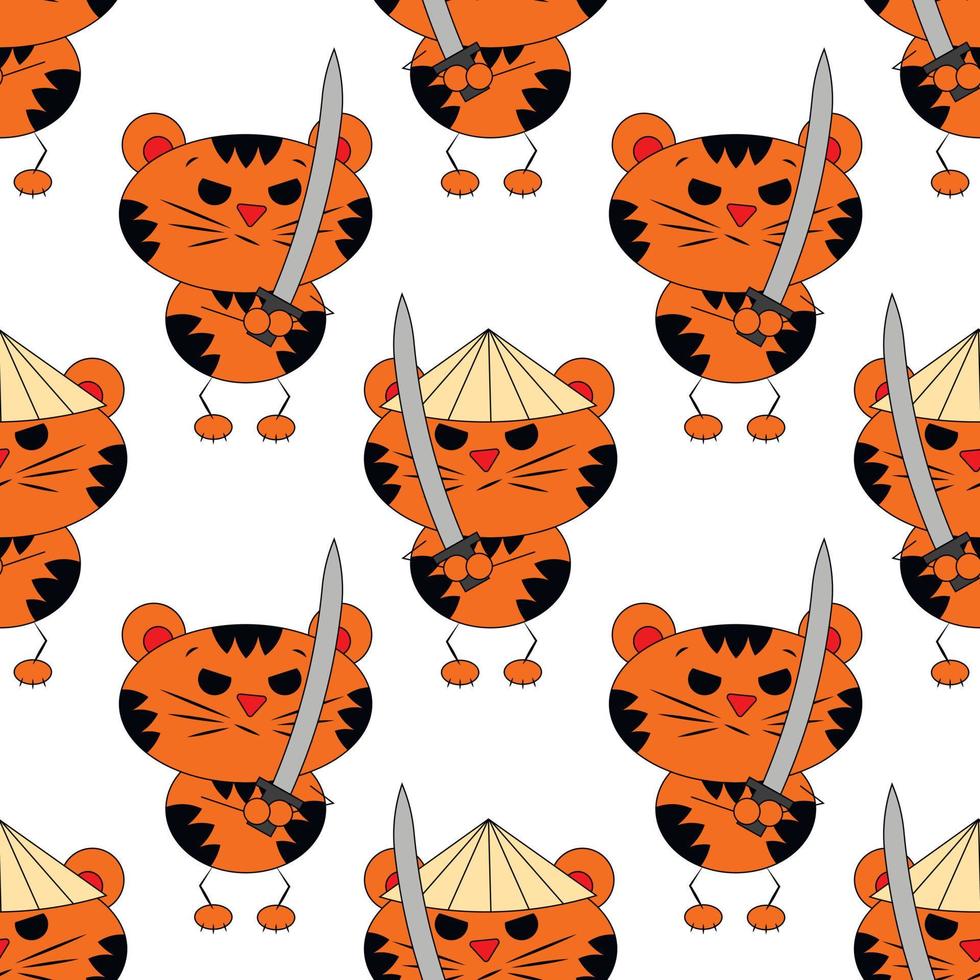 padrão vetorial sem costura com samurai tigre de desenho animado bonito vetor