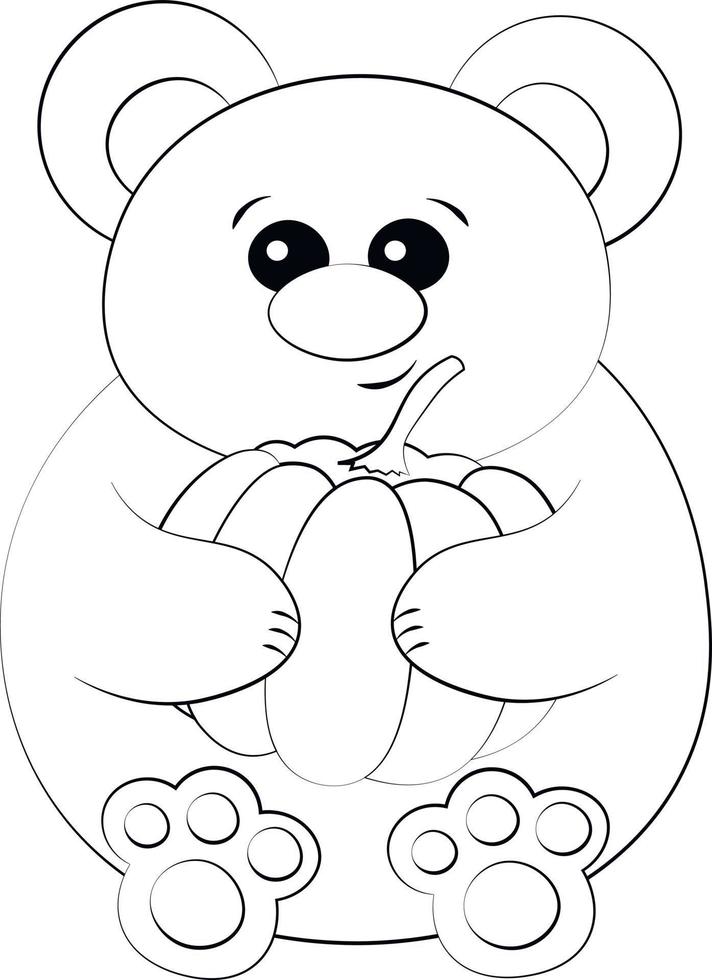 urso bonito dos desenhos animados com abóbora. desenhar ilustração em preto e branco vetor