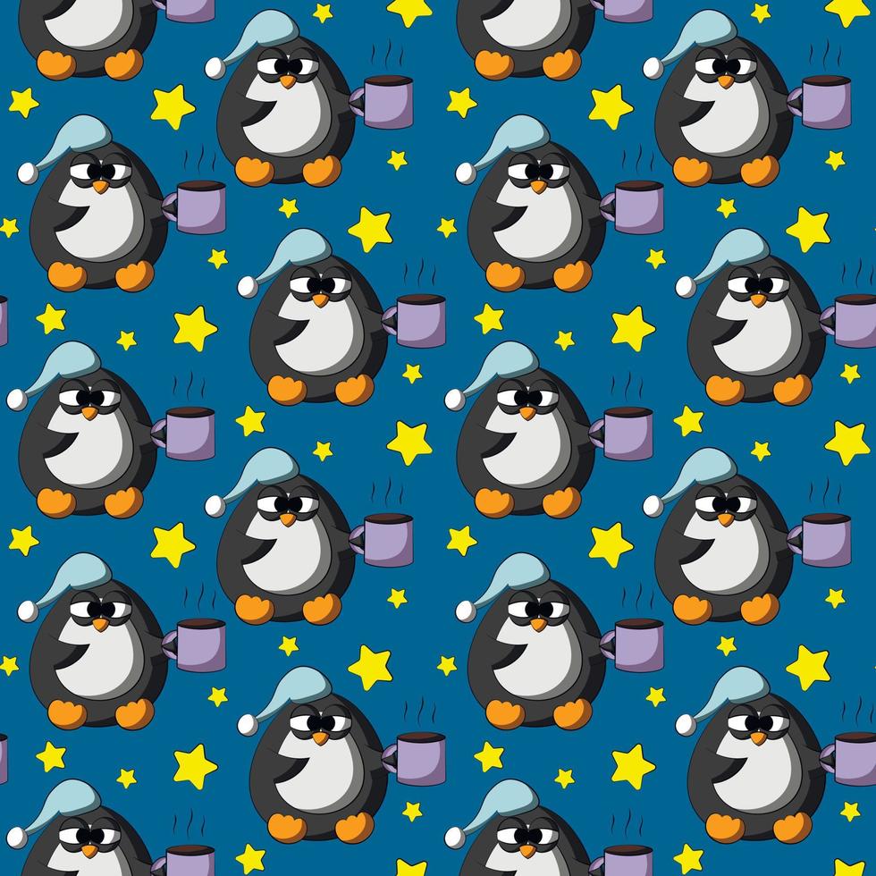 padrão vetorial sem costura com pinguim de sono de desenho animado e estrela vetor