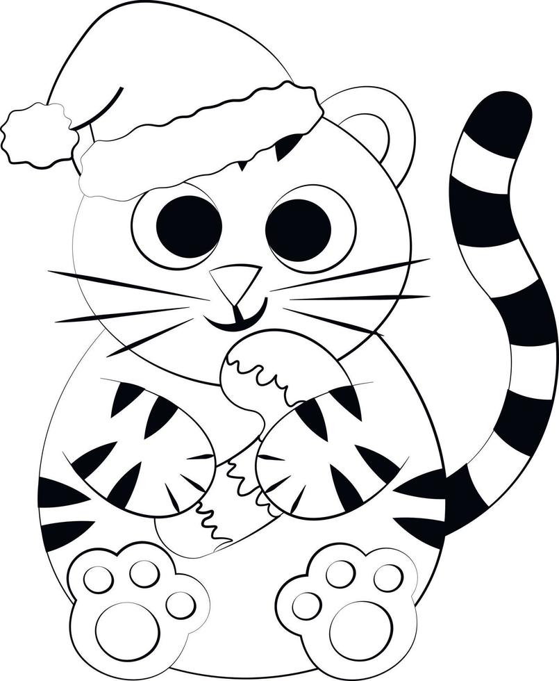 tigre bonito dos desenhos animados no chapéu de natal com pirulito. desenhar ilustração em preto e branco vetor