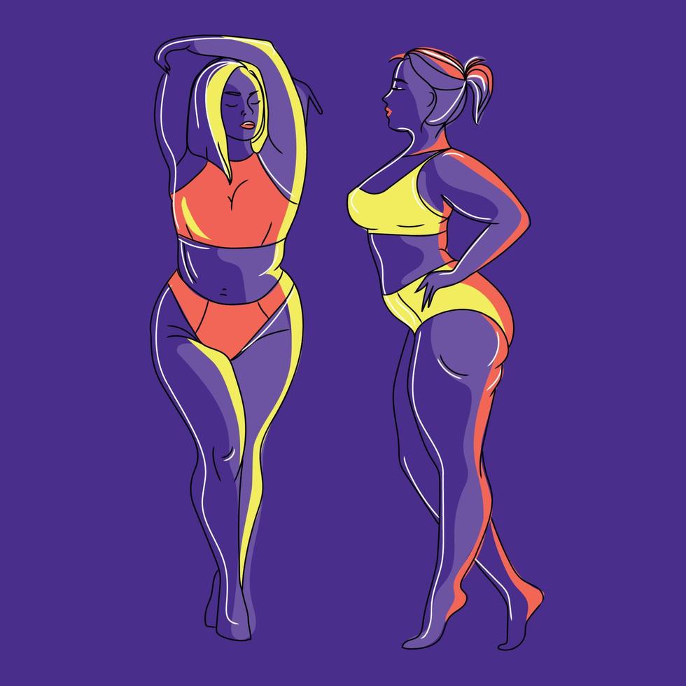 duas amigas atraentes plus size em roupas íntimas ou moda praia ilustração vetorial moderna no estilo de silhueta de contorno, contrastam as cores da moda. Mulher curvilínea. conceito de positividade do corpo vetor