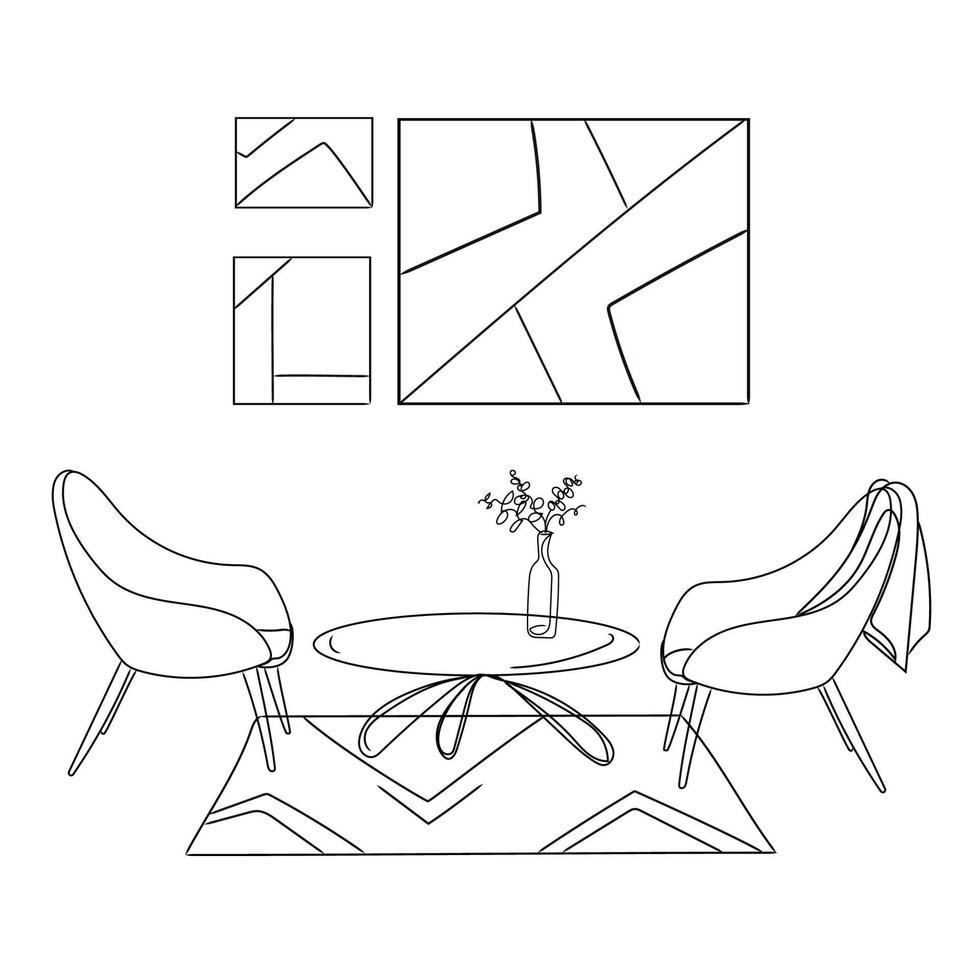 design de interiores com moderna sala de estar duas poltronas e uma mesa em desenho de linha preta sobre fundo branco, ilustração vetorial design de móveis de arte mínima vetor