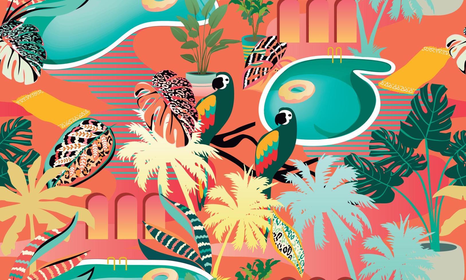 padrão tropical com piscinas, palmeiras, pássaros, plantas e outros elementos botânicos. padrão tropical para têxteis e decoração vetor