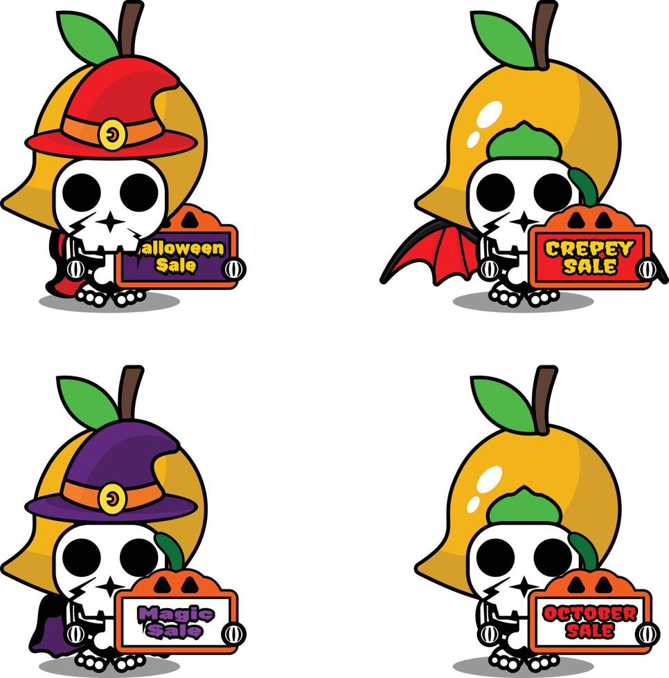 vetor de desenhos animados de personagem de traje de mascote de osso de fruta. segurando a placa de halloween de venda