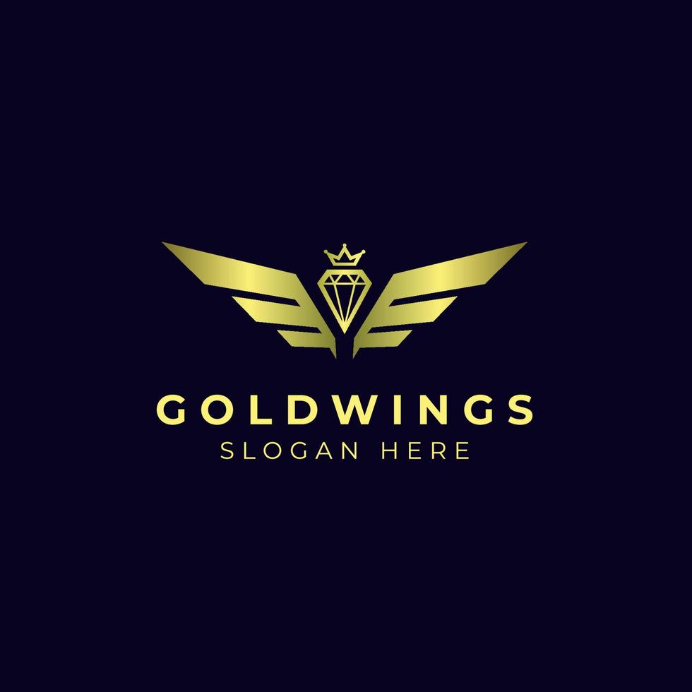 asas de ouro com design de logotipo de coroa de diamante vetor