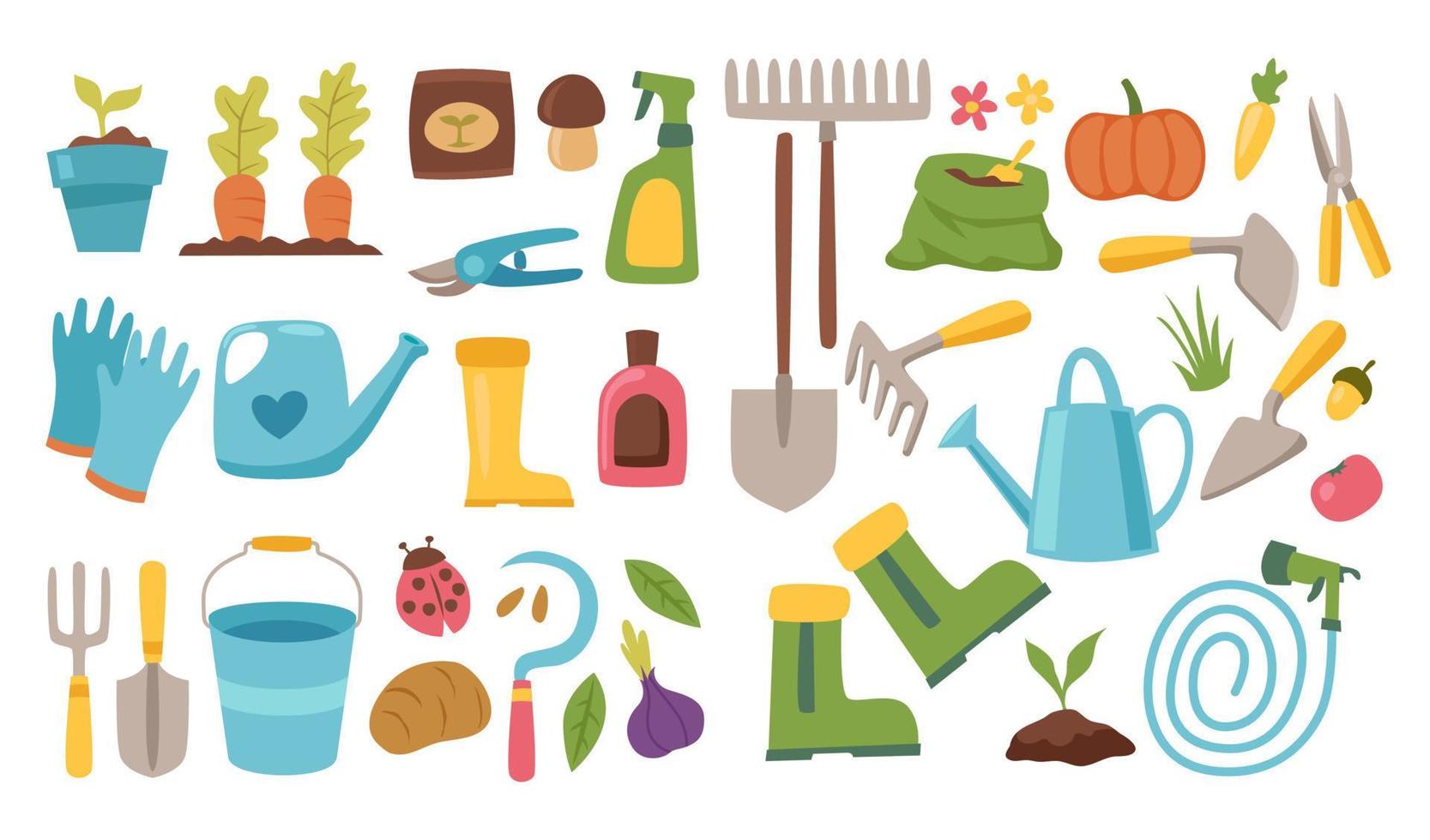 conjunto de doodle desenhado à mão de ferramentas ou equipamentos de elementos de ícones de jardinagem, conjunto de ilustração vetorial. tesoura, botas, sebe, tesoura, tesoura de sebe, garfo, ancinho, grama, regador, carrinho de mão. vetor