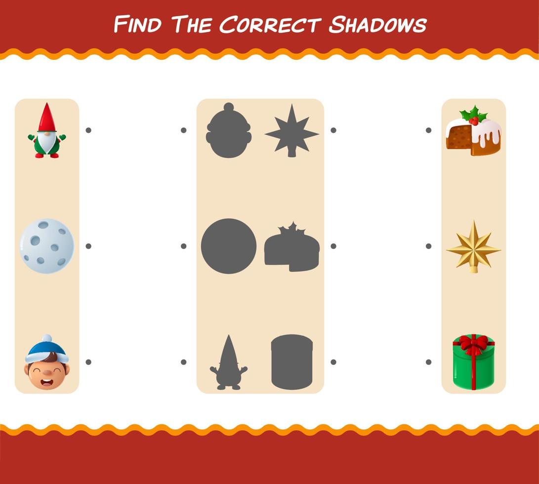 encontre as sombras corretas do natal dos desenhos animados. jogo de busca e correspondência. jogo educativo para crianças e bebês da pré-escola vetor