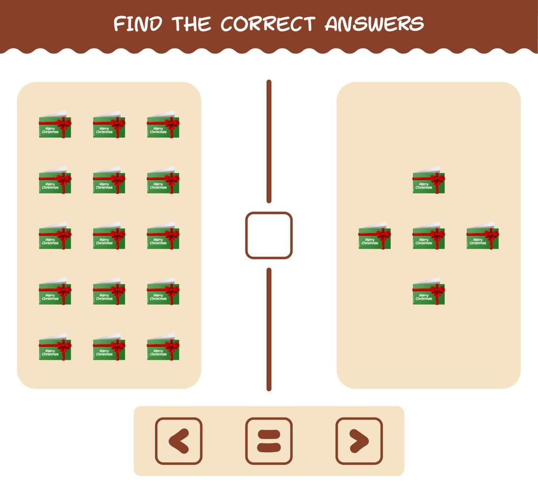 encontre as respostas corretas do cartão de natal dos desenhos animados. procurando e contando jogo. jogo educativo para crianças e bebês da pré-escola vetor