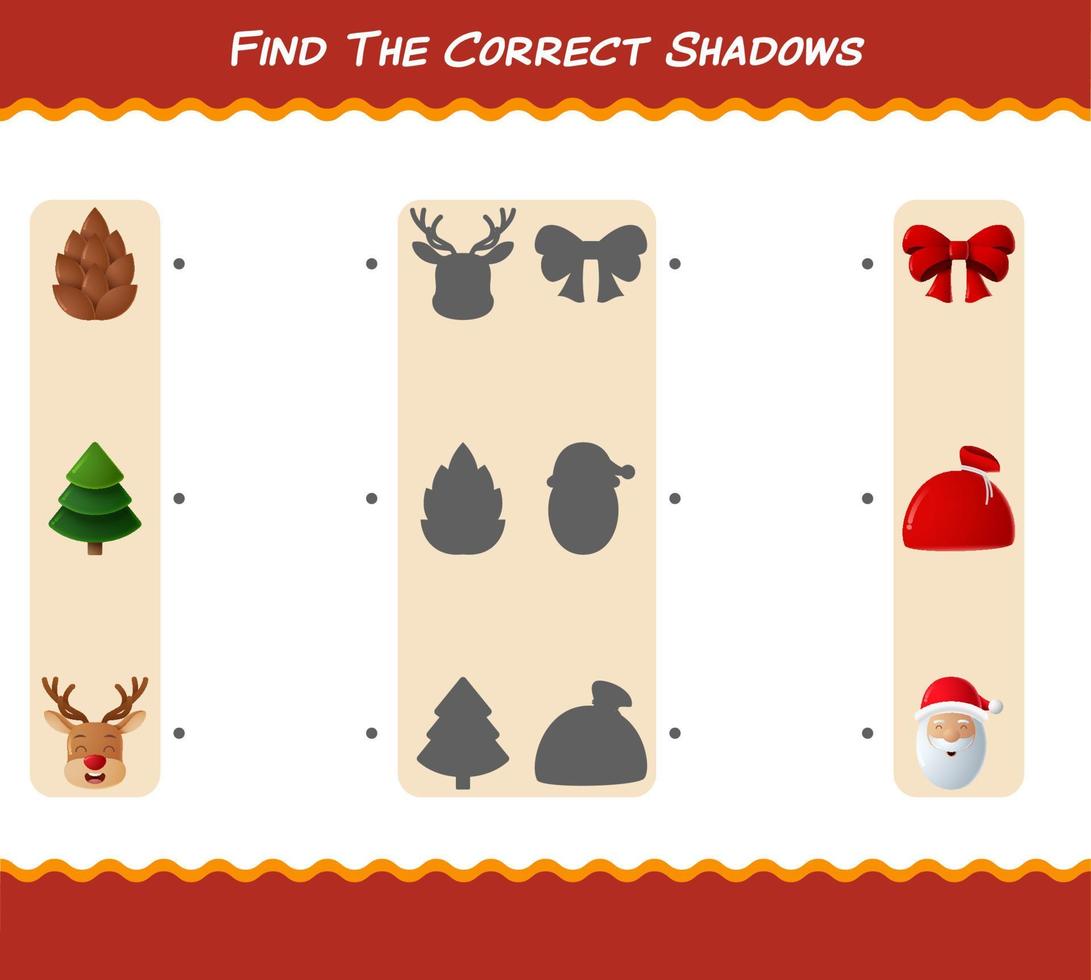 encontre as sombras corretas do natal dos desenhos animados. jogo de busca e correspondência. jogo educativo para crianças e bebês da pré-escola vetor