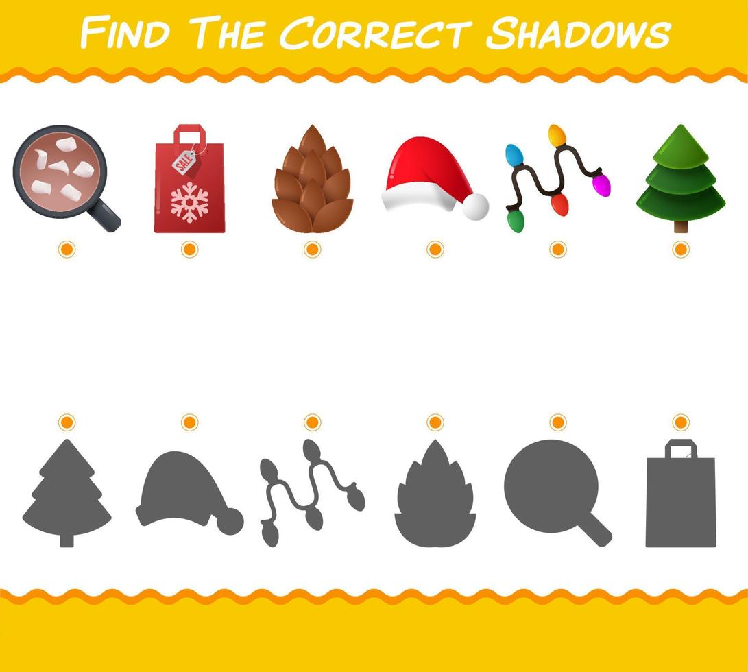 encontre as sombras corretas do natal dos desenhos animados. jogo de busca e correspondência. jogo educativo para crianças e bebês da pré-escola vetor