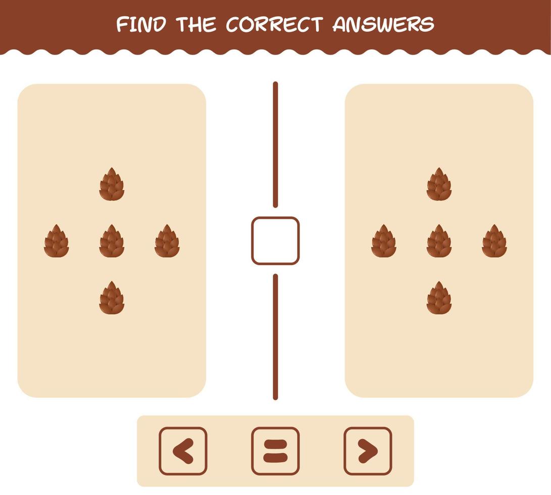 encontrar as respostas corretas de cone de pinho dos desenhos animados. procurando e contando jogo. jogo educativo para crianças e bebês da pré-escola vetor