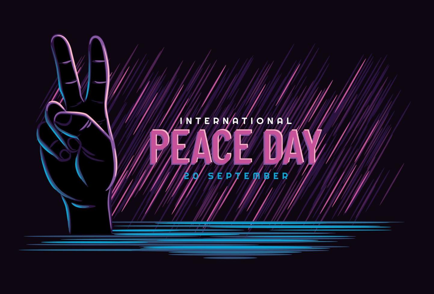 dia da paz, conceito. 20 de setembro dia internacional da paz. gesto das mãos, dois dedos com estilo neon, símbolo. ilustração vetorial. mão isolada em fundo escuro vetor