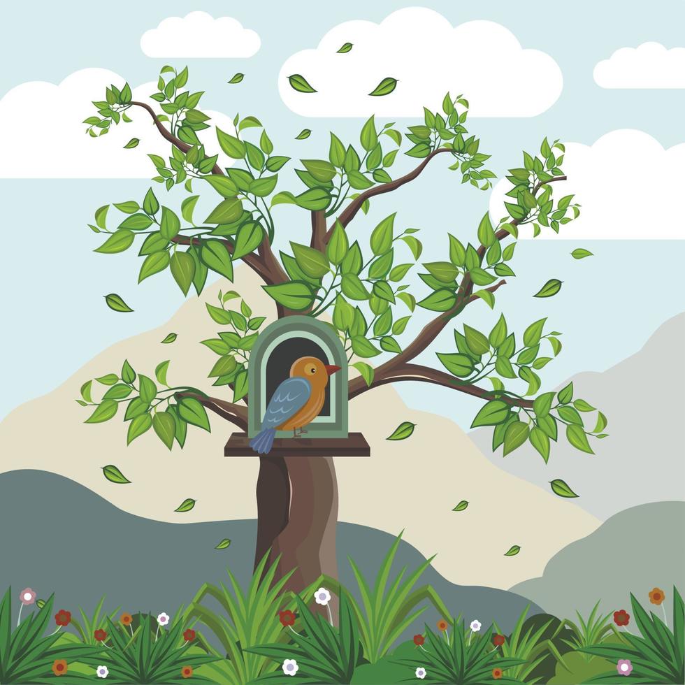 pássaros e casas na árvore para ilustrações livro vetor