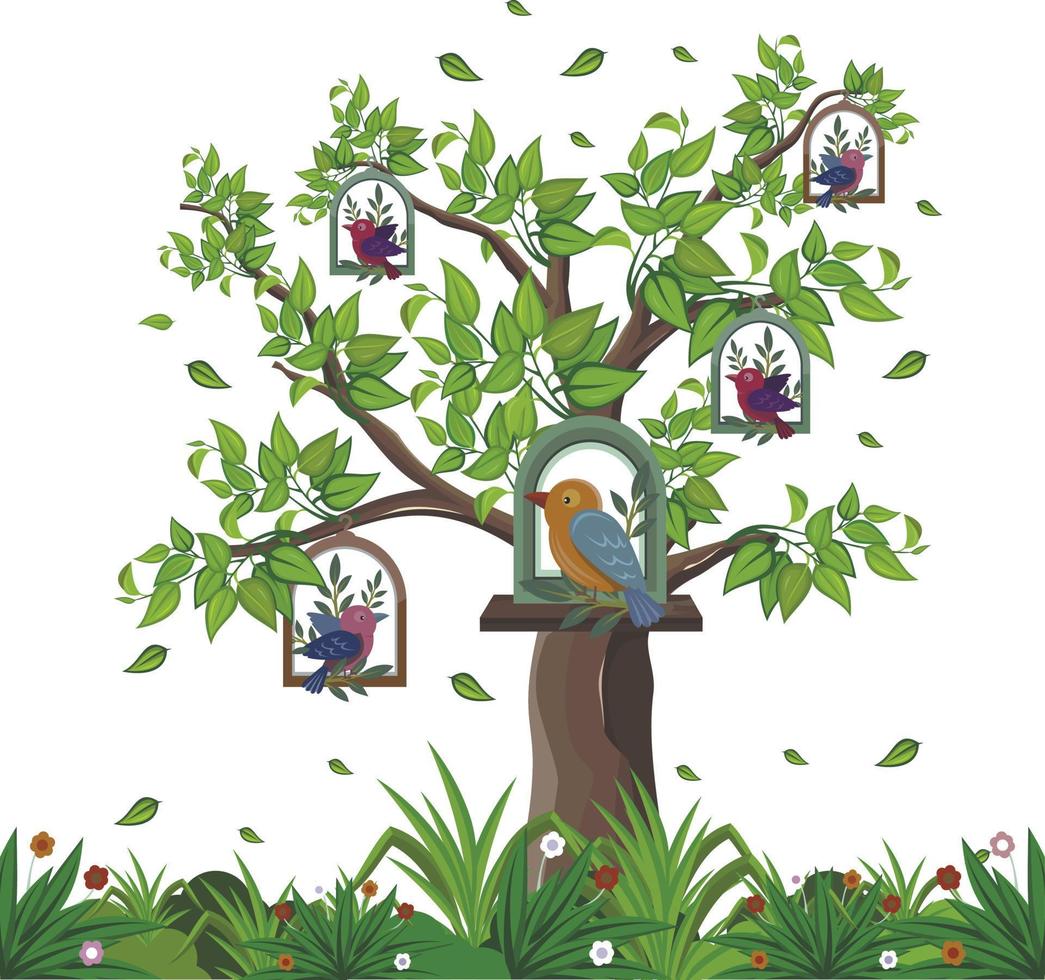 pássaros e casas na árvore para ilustrações livro vetor