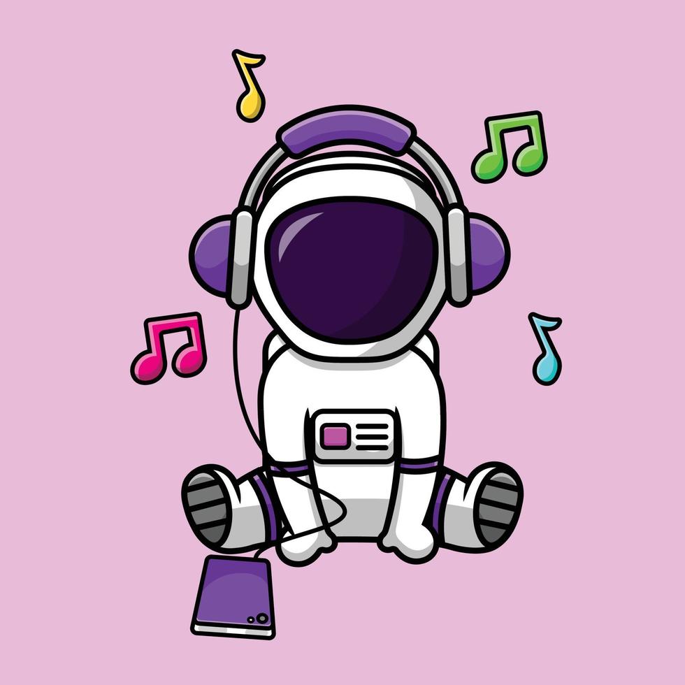 bonito astronauta ouvindo música com fone de ouvido e ilustração de ícone de vetor de desenhos animados de handphone. conceito de ícone de tecnologia de ciência vetor premium isolado