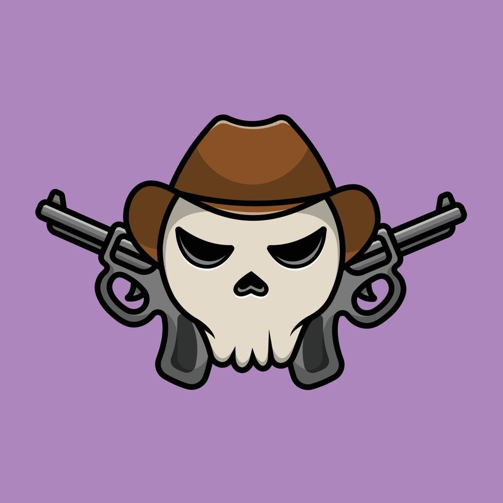 crânio de cowboy com ilustração de ícone de vetor dos desenhos animados de arma. halloween objeto ícone conceito isolado vetor premium.