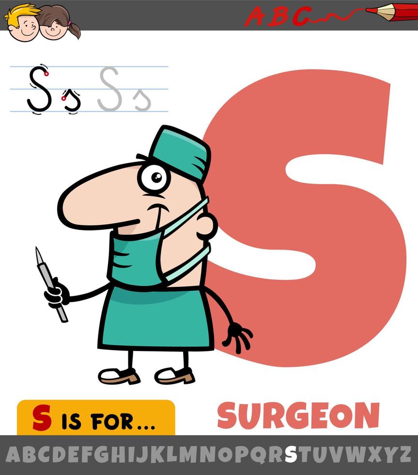 planilha de letra s com personagem de desenho animado cirurgião vetor