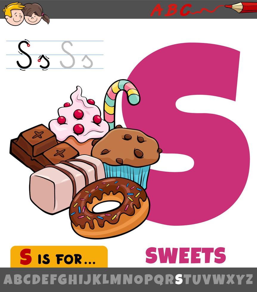 planilha de letra s com objetos de comida de doces de desenho animado vetor
