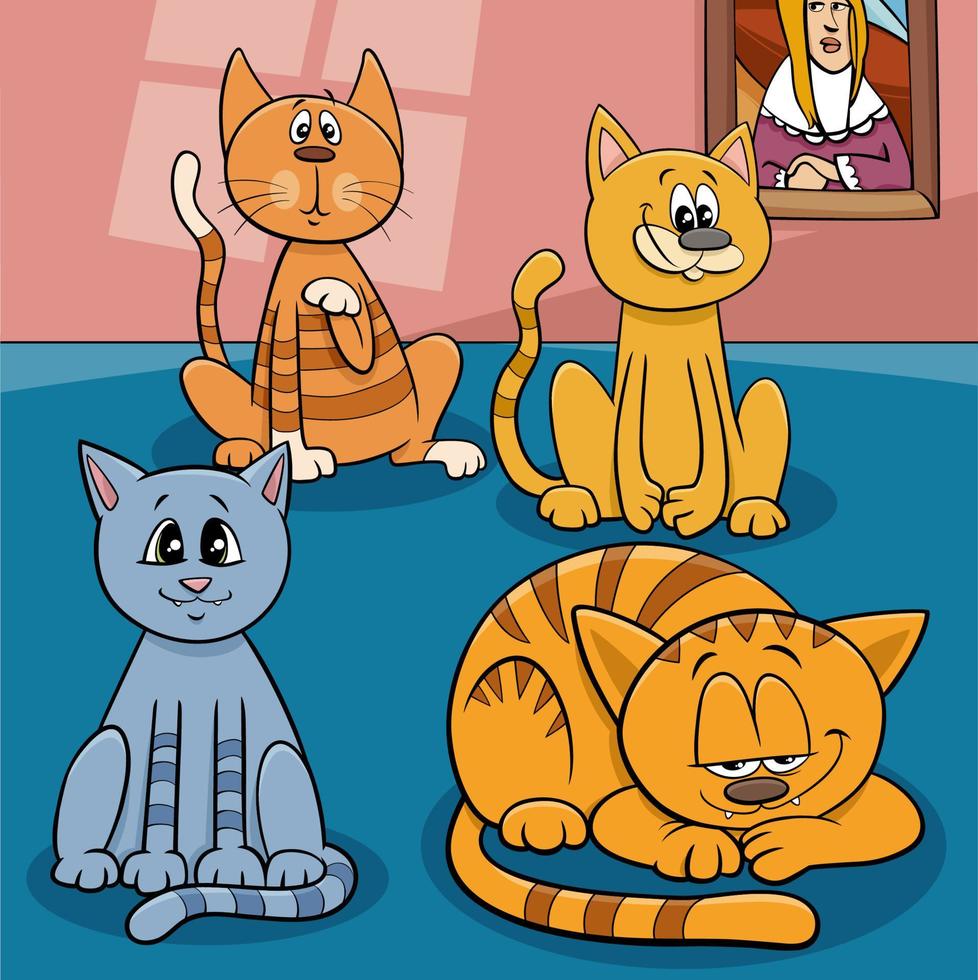 Ilustração dos desenhos animados do grupo de personagens de animais em  quadrinhos de gatos coloridos engraçados