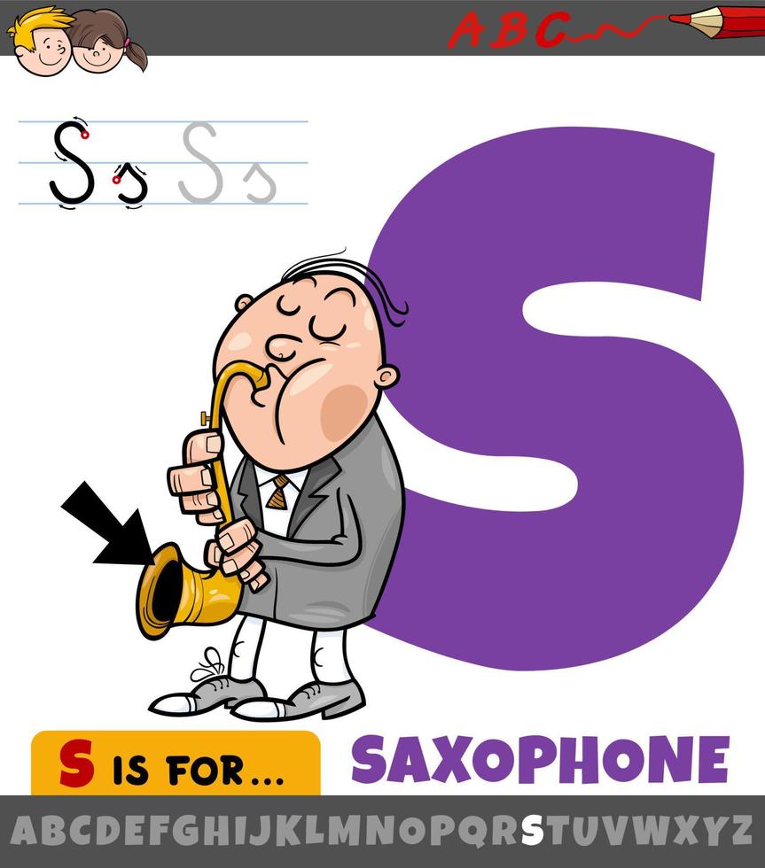 planilha de letra s com instrumento musical de saxofone de desenho animado vetor