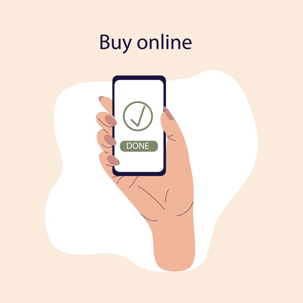 conceito de compras on-line. ilustração de compras e entrega online com uma mão segurando um telefone. compre online na loja online. design de vetor desenhado à mão na moda.